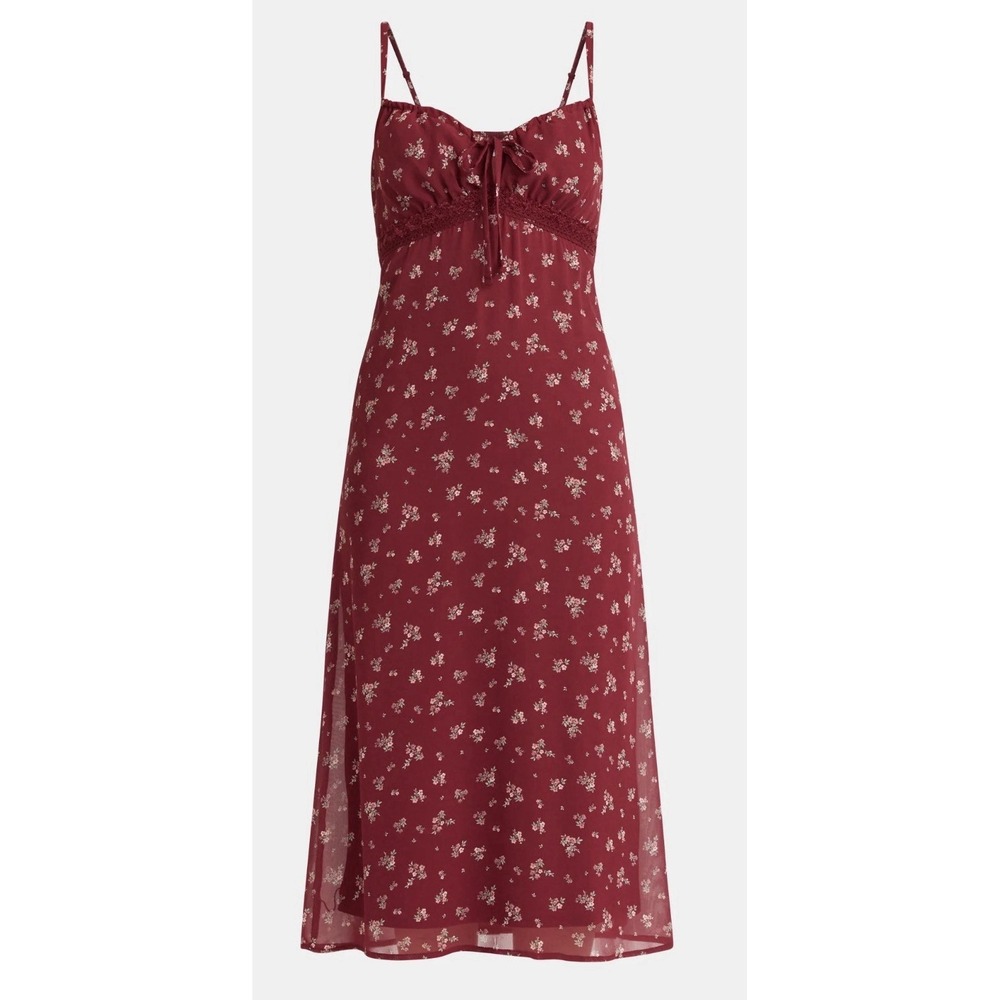 No Boundaries Women Burgundy Floral Midi Dress XS 0-2 NWT Lace Trim Smocked Back
